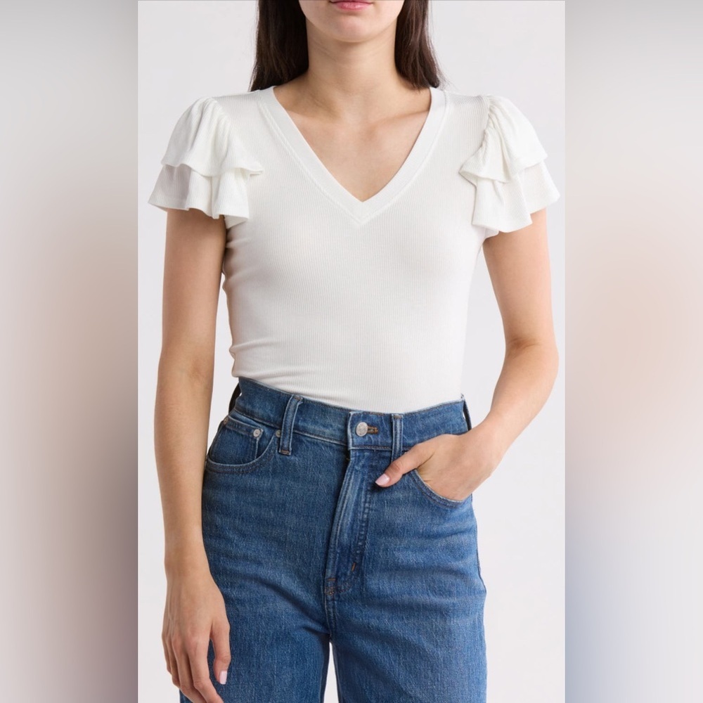 NWT 1. State White Ruffle Sleeve Top - Sz M